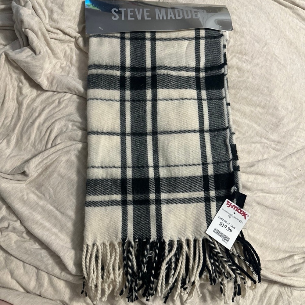 Steve Madden Black and White Plaid Scarf with Fringe